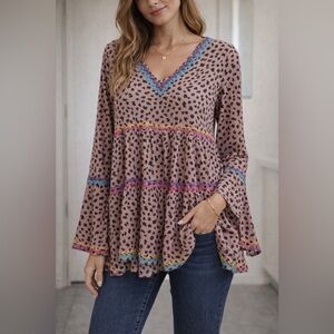 Savannah Jane Boho Leopard Embroidered Babydoll Blouse Size M